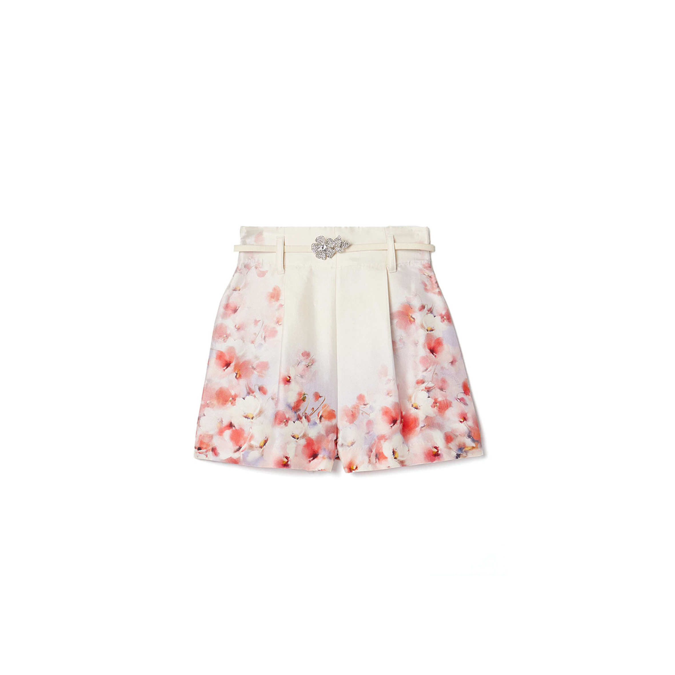 ZIMMERMANN CRUSH BELTED FLORAL-PRINT SILK AND COTTON-BLEND TWILL SHORTS 